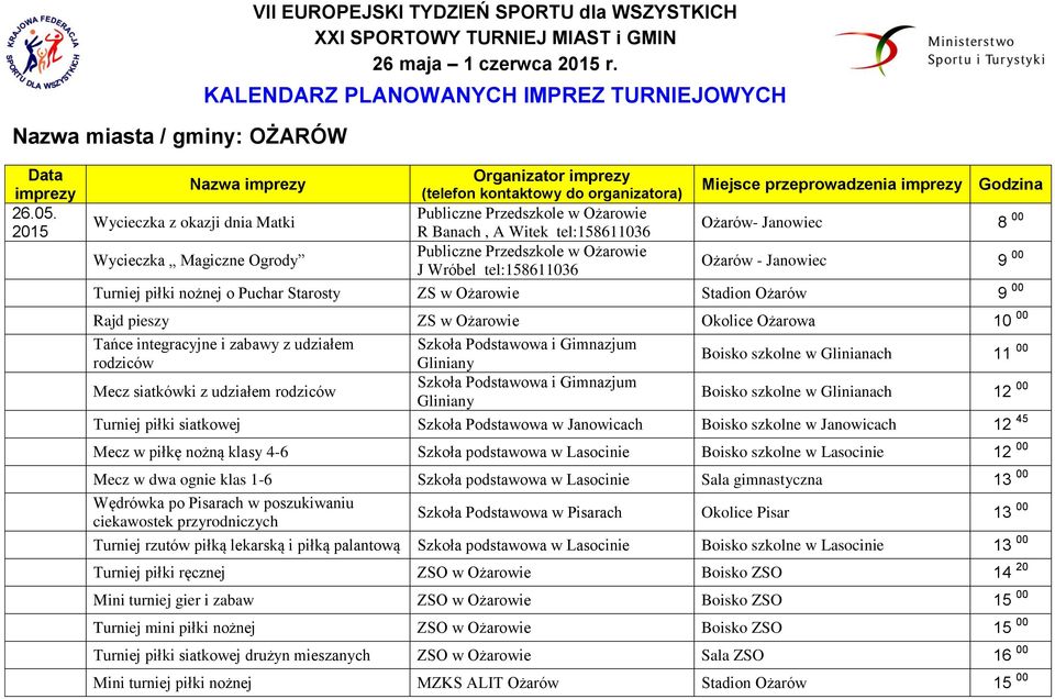 Wycieczka Magiczne Ogrody J Wróbel tel:158611036 Ożarów - Janowiec 9 00 Turniej piłki nożnej o Puchar Starosty ZS w Ożarowie Stadion Ożarów 9 00 Rajd pieszy ZS w Ożarowie Okolice Ożarowa 10 00 Tańce