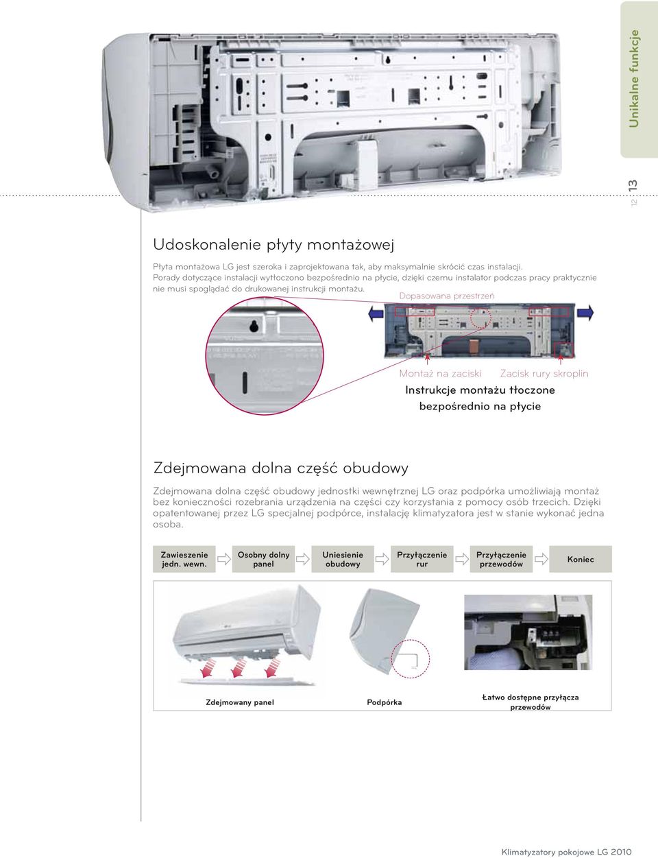 Dopasowana przestrzeń Montaż na zaciski Zacisk rury skroplin Instrukcje montażu tłoczone bezpośrednio na płycie Zdejmowana dolna część obudowy Zdejmowana dolna część obudowy jednostki wewnętrznej LG