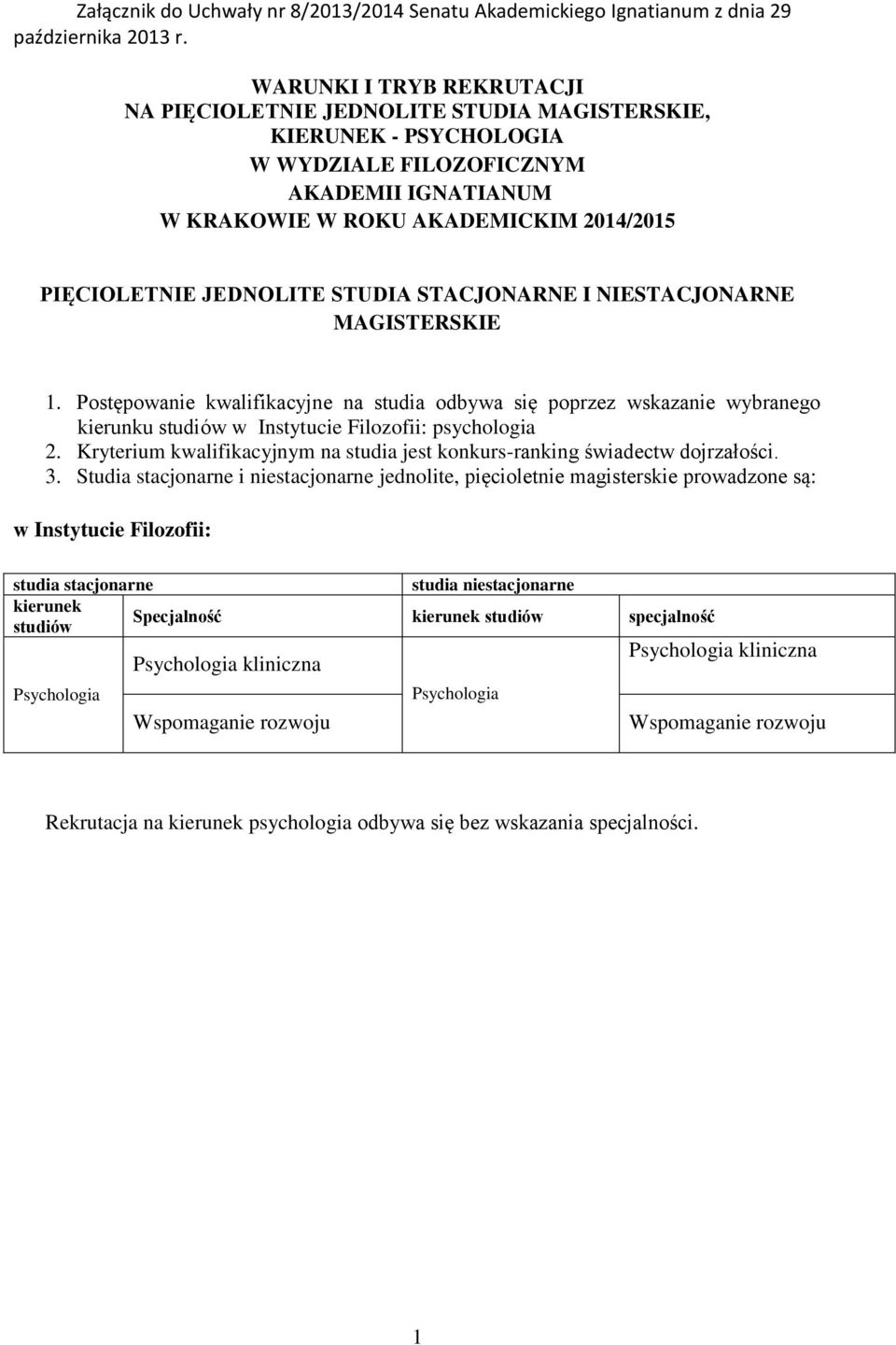 JEDNOLITE STUDIA STACJONARNE I NIESTACJONARNE MAGISTERSKIE 1. Postępowanie kwalifikacyjne na studia odbywa się poprzez wskazanie wybranego kierunku studiów w Instytucie Filozofii: psychologia 2.