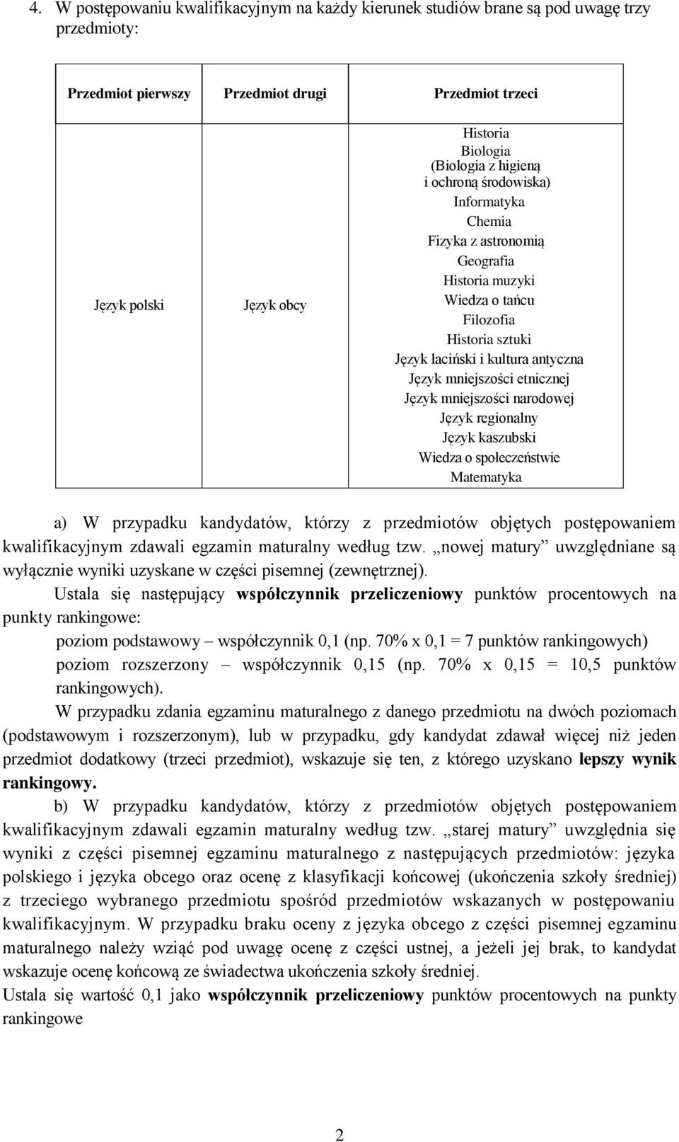 Język mniejszości narodowej Język regionalny Język kaszubski Wiedza o społeczeństwie Matematyka a) W przypadku kandydatów, którzy z przedmiotów objętych postępowaniem kwalifikacyjnym zdawali egzamin
