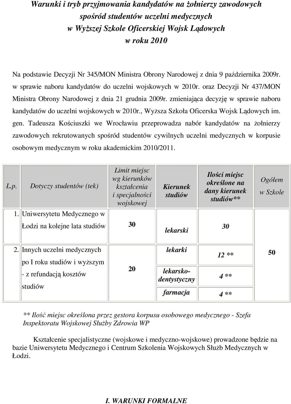 zmieniająca decyzję w sprawie naboru kandydatów do uczelni wojskowych w 2010r., WyŜsza Szkoła Oficerska Wojsk Lądowych im. gen.
