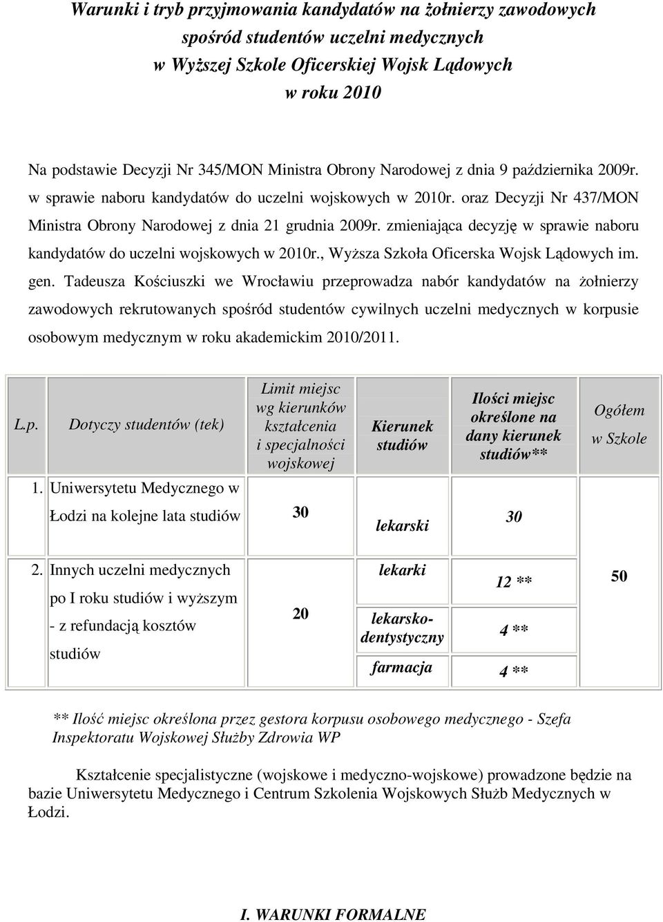 zmieniająca decyzję w sprawie naboru kandydatów do uczelni wojskowych w 2010r., WyŜsza Szkoła Oficerska Wojsk Lądowych im. gen.