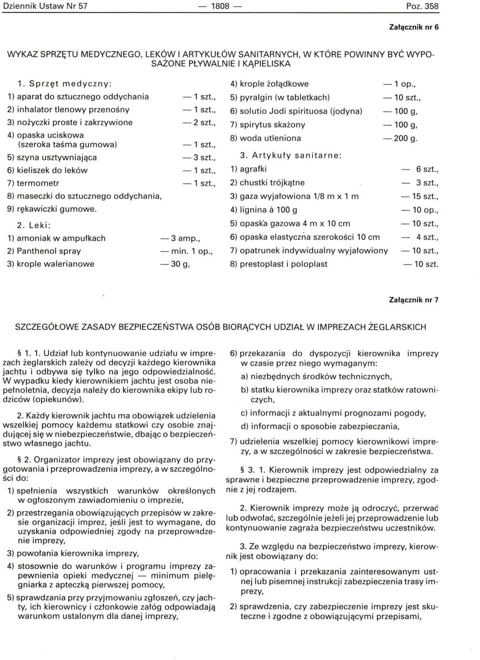 , 5) szyna usztywniająca - 3 szt., 6) kieliszek do leków - 1 szt., 7) termometr - 1 szt., 8) maseczki do sztucznego oddychania, 9) rękawiczki gumowe. 2. Leki : 1) amoniak w ampułkach -3 amp.