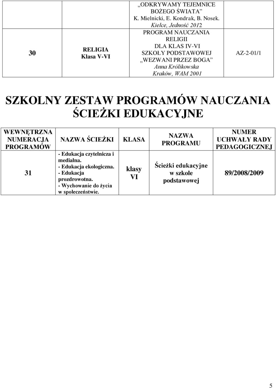 NAUCZANIA ŚCIEŻKI EDUKACYJNE 31 NAZWA ŚCIEŻKI - Edukacja czytelnicza i medialna. - Edukacja ekologiczna.