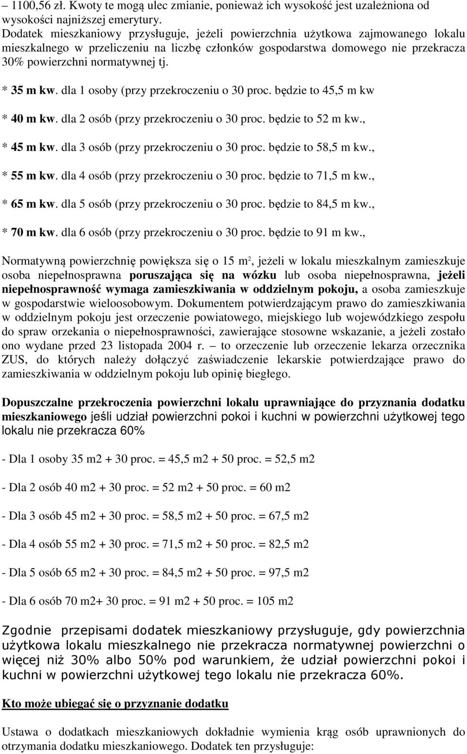 * 35 m kw. dla 1 osoby (przy przekroczeniu o 30 proc. będzie to 45,5 m kw * 40 m kw. dla 2 osób (przy przekroczeniu o 30 proc. będzie to 52 m kw., * 45 m kw. dla 3 osób (przy przekroczeniu o 30 proc.