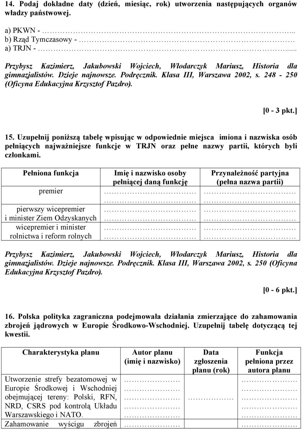 [0-3 pkt.] 15. Uzupełnij poniższą tabelę wpisując w odpowiednie miejsca imiona i nazwiska osób pełniących najważniejsze funkcje w TRJN oraz pełne nazwy partii, których byli członkami.