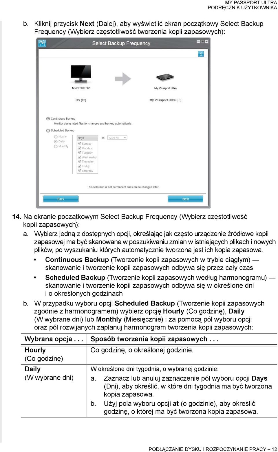Wybierz jedną z dostępnych opcji, określając jak często urządzenie źródłowe kopii zapasowej ma być skanowane w poszukiwaniu zmian w istniejących plikach i nowych plików, po wyszukaniu których