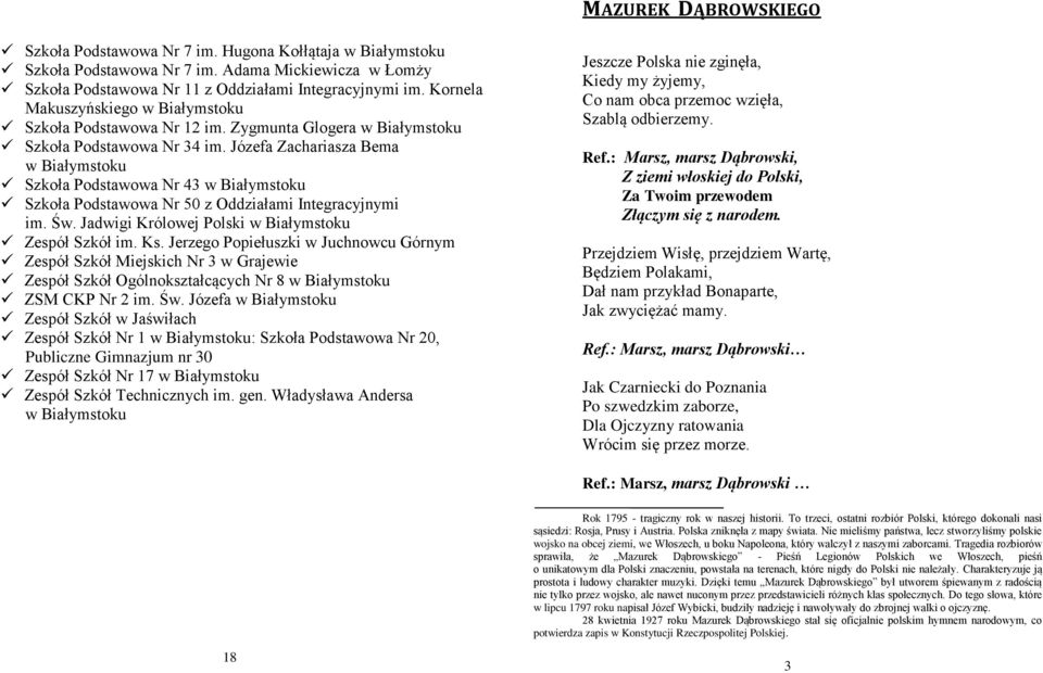 Św. Jadwigi Królowej Polski Zespół Szkół im. Ks. Jerzego Popiełuszki w Juchnowcu Górnym Zespół Szkół Miejskich Nr 3 w Grajewie Zespół Szkół Ogólnokształcących Nr 8 ZSM CKP Nr 2 im. Św.