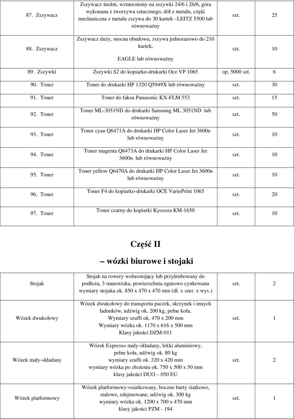 zszywa jednorazowo do 210 kartek, EAGLE lub 5 89. Zszywki Zszywki S2 do kopiarko-drukarki Oce VP 1065 op. 5000 szt. 6 90. Toner Toner do drukarki HP 1320 Q5949X lub 91.