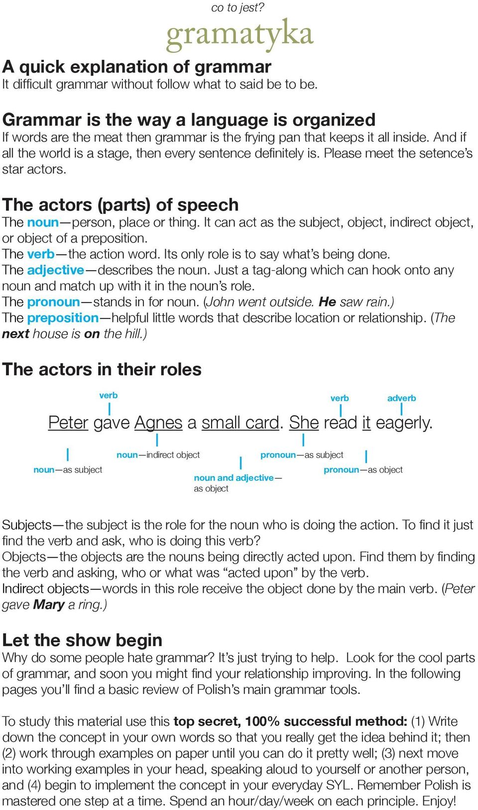 Please meet the setence s star actors. The actors (parts) of speech The noun person, place or thing. It can act as the subject, object, indirect object, or object of a preposition.
