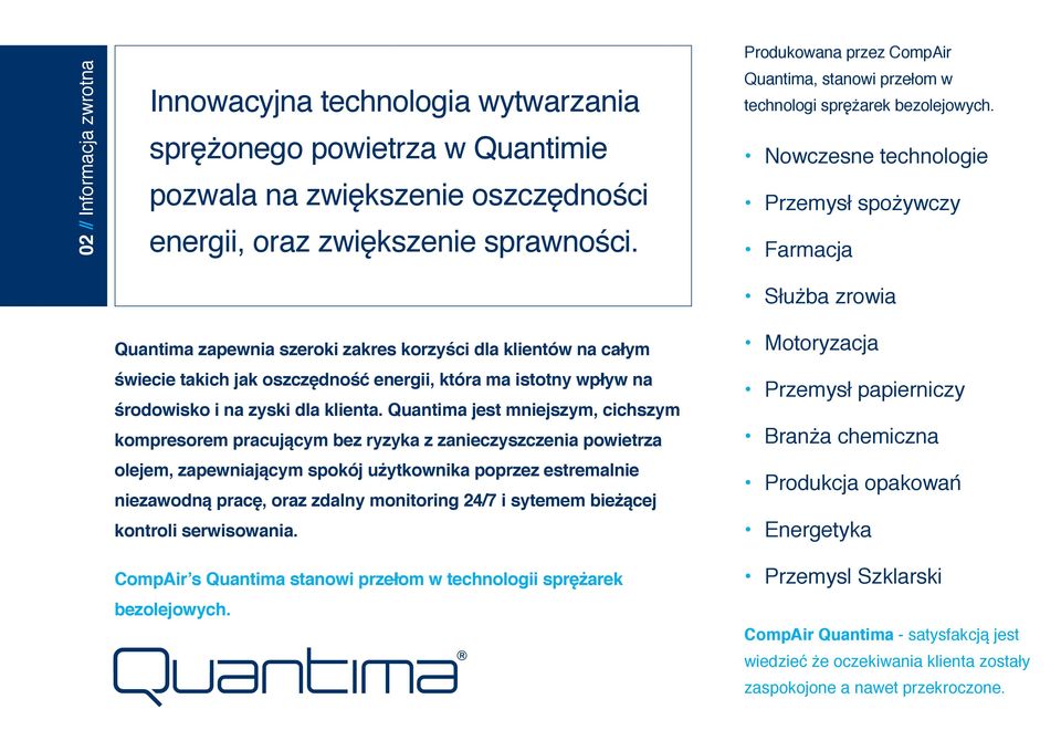 Quantima jest mniejszym, cichszym kompresorem pracującym bez ryzyka z zanieczyszczenia powietrza olejem, zapewniającym spokój użytkownika poprzez estremalnie niezawodną pracę, oraz zdalny monitoring