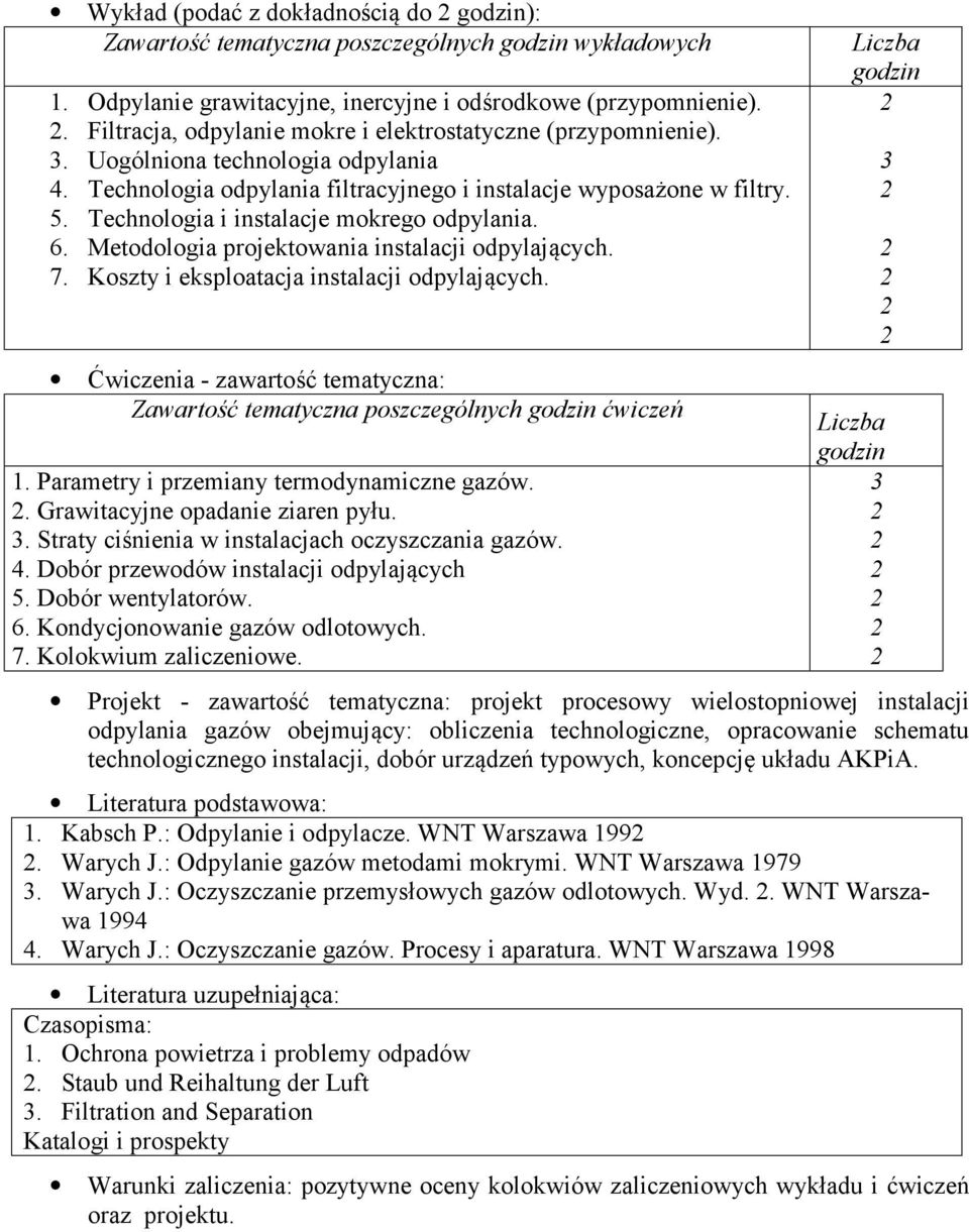 Technologia i instalacje mokrego odpylania. 6. Metodologia projektowania instalacji odpylających. 7. Koszty i eksploatacja instalacji odpylających.