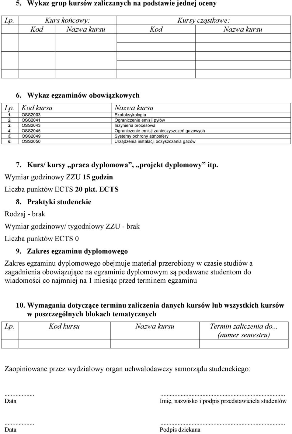 OSS050 Urządzenia instalacji oczyszczania gazów 7. Kurs/ kursy praca dyplomowa, projekt dyplomowy itp. Wymiar godzinowy ZZU 15 godzin Liczba punktów ECTS 0 pkt. ECTS 8.