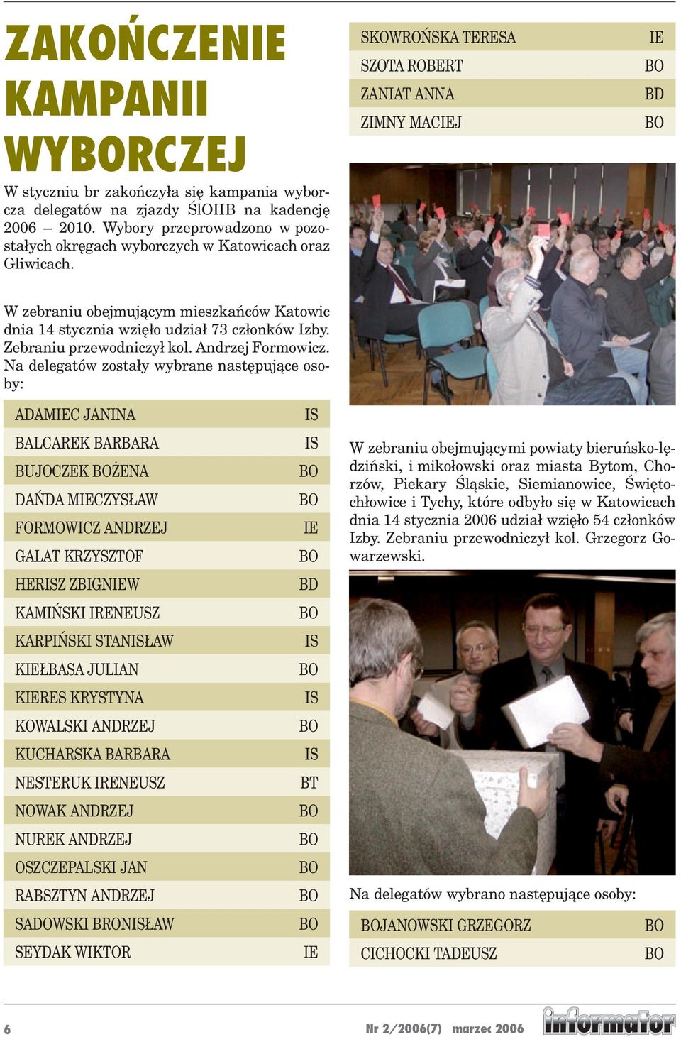 SKOWROŃSKA TERESA SZOTA ROBERT ZANIAT ANNA ZIMNY MACJ BD W zebraniu obejmującym mieszkańców Katowic dnia 14 stycznia wzięło udział 73 członków Izby. Zebraniu przewodniczył kol. Andrzej Formowicz.