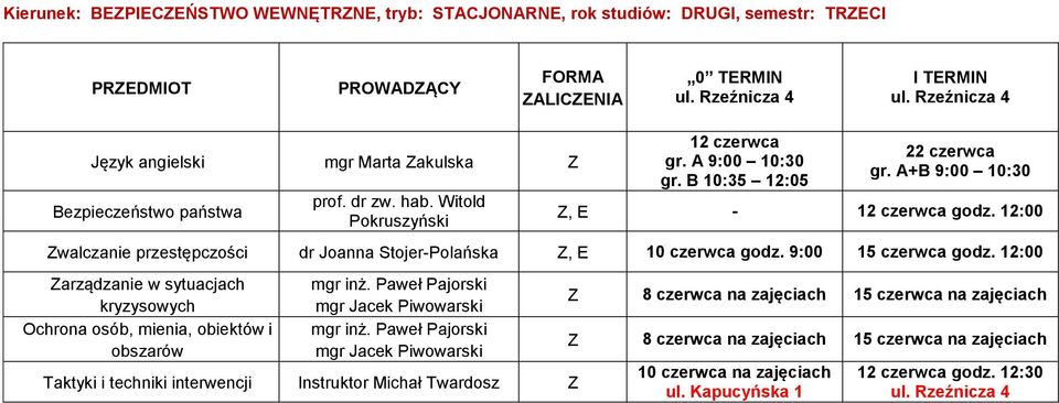 12:00 Zwalczanie przestępczości dr Joanna Stojer-Polańska Z, E 10 czerwca godz. 9:00 15 czerwca godz.