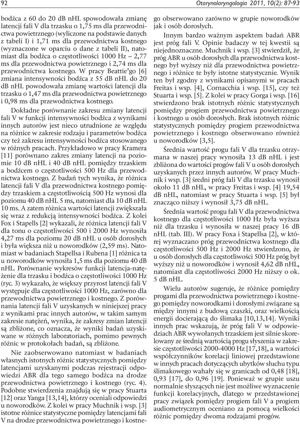 W pracy Beattie go [6] zmiana intensywności bodźca z 55 db nhl do 20 db nhl powodowała zmianę wartości latencji dla trzasku o 1,47 ms dla przewodnictwa powietrznego i 0,98 ms dla przewodnictwa