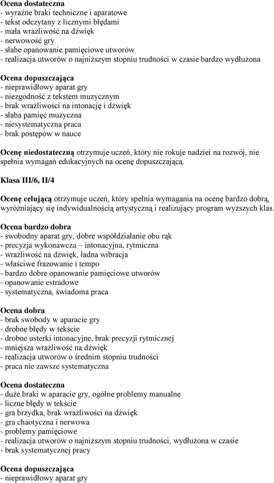 muzyczna - niesystematyczna praca - brak postępów w nauce Ocenę niedostateczną otrzymuje uczeń, który nie rokuje nadziei na rozwój, nie spełnia wymagań edukacyjnych na ocenę dopuszczającą.