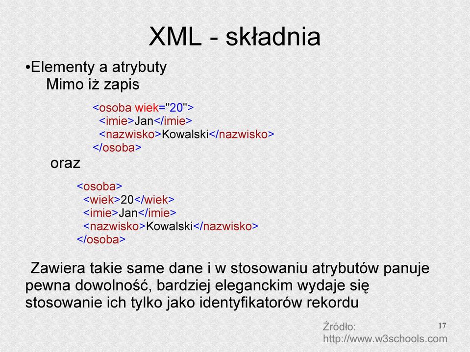 <nazwisko>kowalski</nazwisko> </osoba> Zawiera takie same dane i w stosowaniu atrybutów panuje