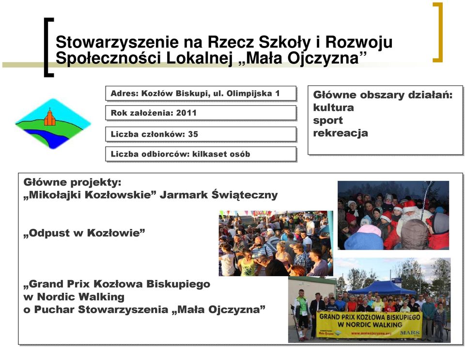 odbiorców: kilkaset osób Główne projekty: Mikołajki Kozłowskie Jarmark Świąteczny Odpust w Kozłowie Główne