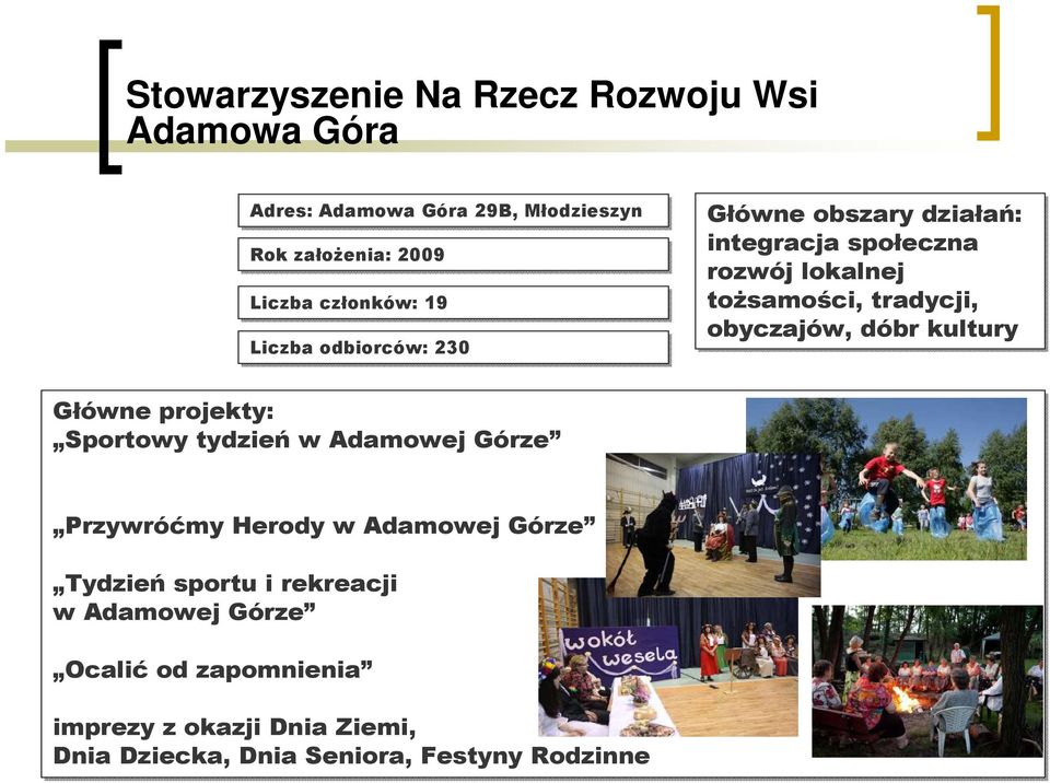 obyczajów, dóbr kultury Główne projekty: Sportowy tydzień w Adamowej Górze Przywróćmy Herody w Adamowej Górze