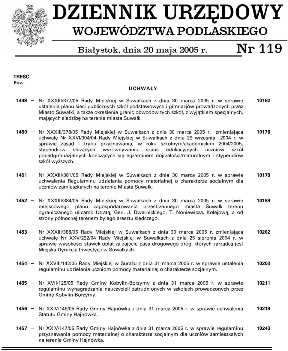 na terenie miasta Suwałk. 1450 Nr XXXIII/378/05 Rady Miejskiej w Suwałkach z dnia 30 marca 2005 r. zmieniająca uchwałę Nr XXVI/304/04 Rady Miejskiej w Suwałkach z dnia 29 września 2004 r.