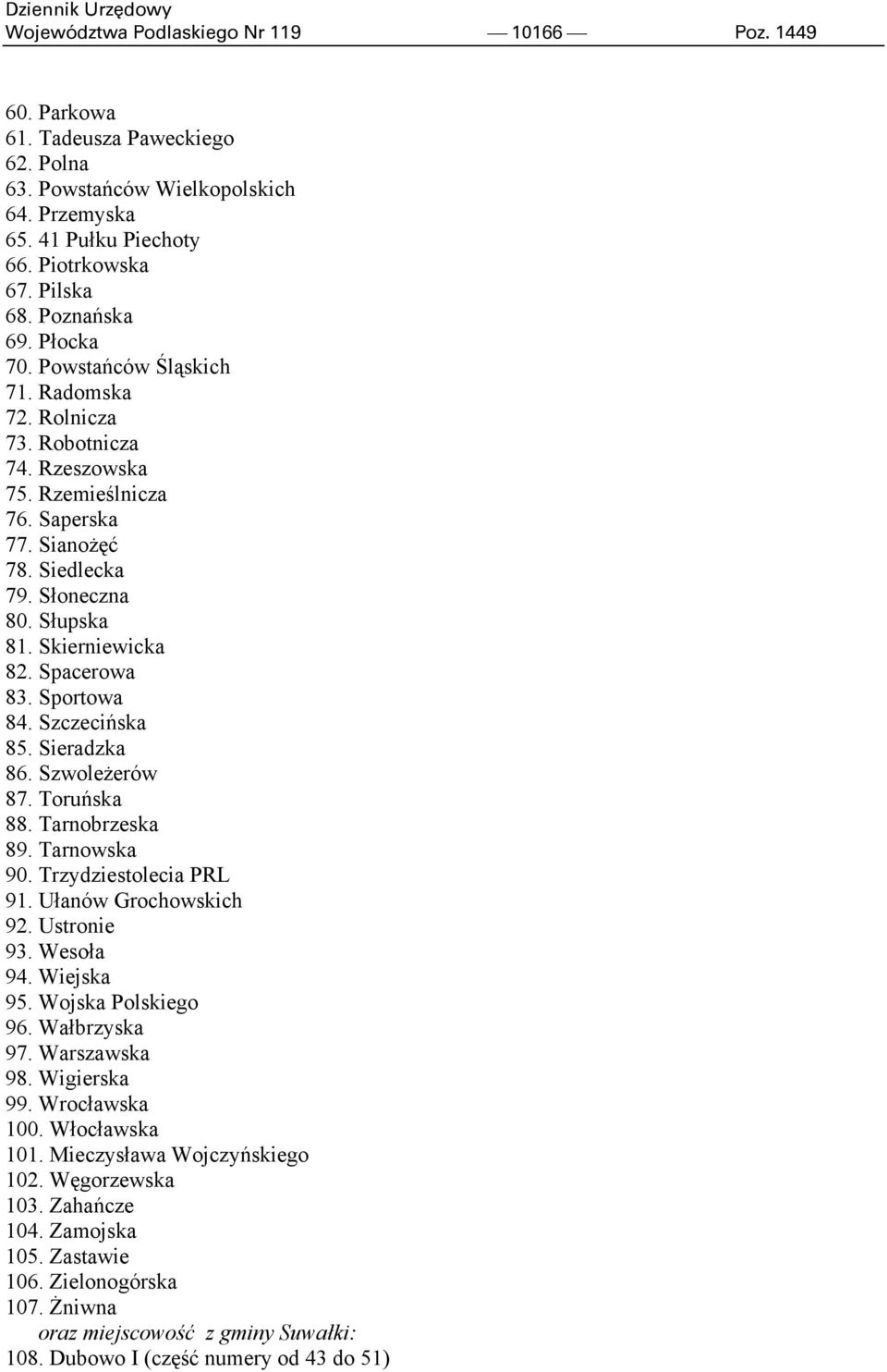 Skierniewicka 82. Spacerowa 83. Sportowa 84. Szczecińska 85. Sieradzka 86. Szwoleżerów 87. Toruńska 88. Tarnobrzeska 89. Tarnowska 90. Trzydziestolecia PRL 91. Ułanów Grochowskich 92. Ustronie 93.