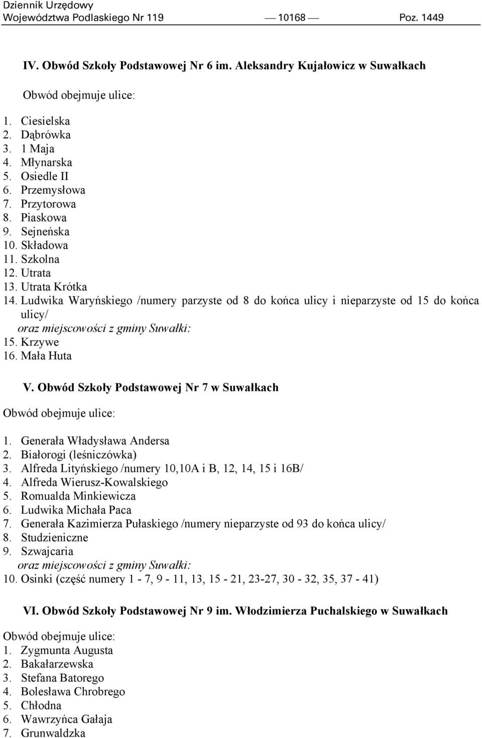 Ludwika Waryńskiego /numery parzyste od 8 do końca ulicy i nieparzyste od 15 do końca ulicy/ oraz miejscowości z gminy Suwałki: 15. Krzywe 16. Mała Huta V.