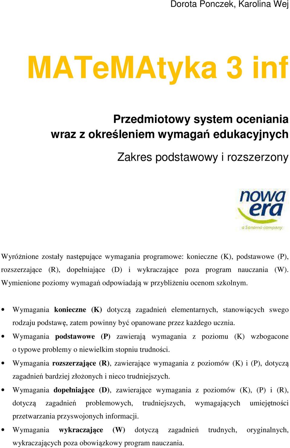 Wymgni konieczne (K) dotyczą zgdnień elementrnych, stnowiących swego rodzju podstwę, ztem powinny być opnowne przez kżdego uczni.