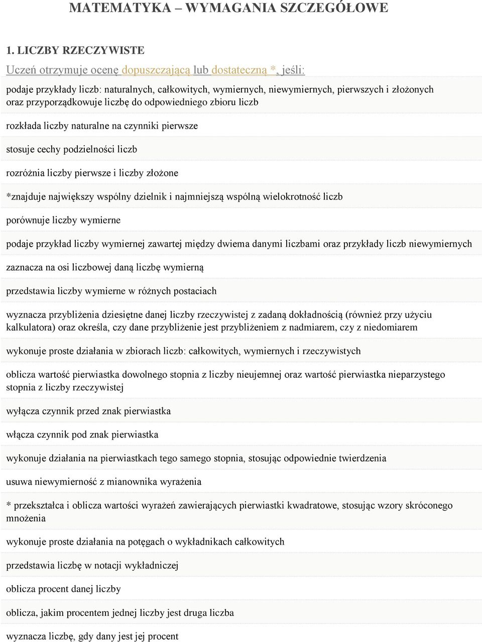 przyporządkowuje liczbę do odpowiedniego zbioru liczb rozkłada liczby naturalne na czynniki pierwsze stosuje cechy podzielności liczb rozróżnia liczby pierwsze i liczby złożone *znajduje największy