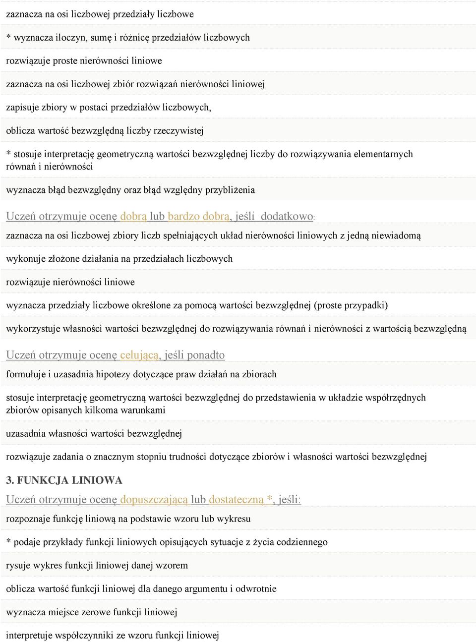 elementarnych równań i nierówności wyznacza błąd bezwzględny oraz błąd względny przybliżenia zaznacza na osi liczbowej zbiory liczb spełniających układ nierówności liniowych z jedną niewiadomą