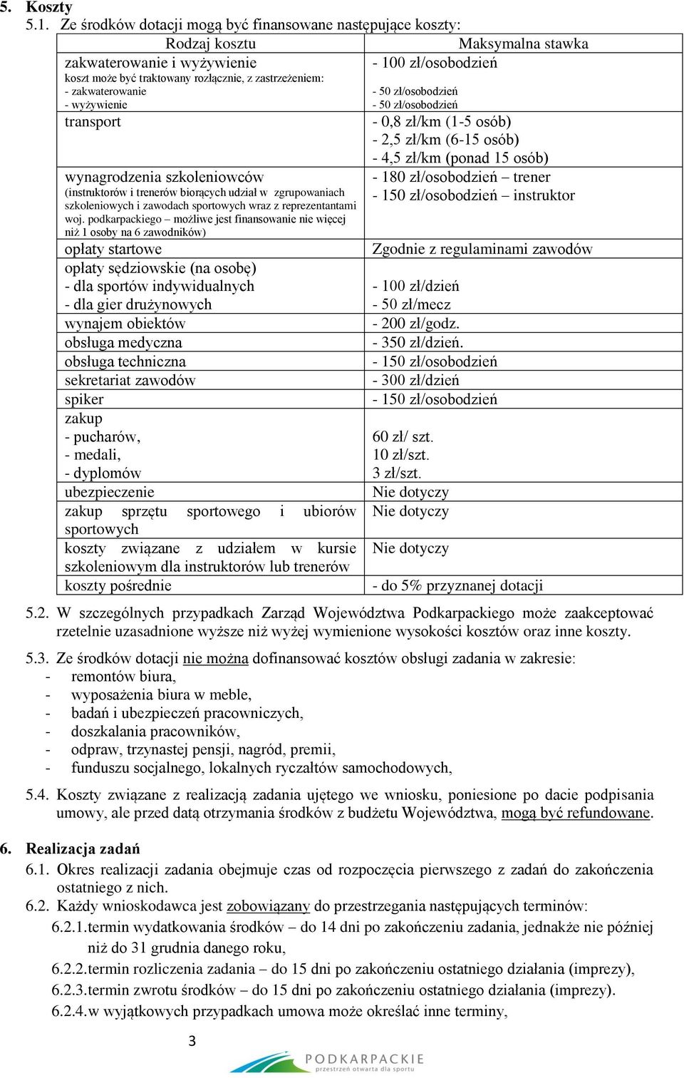 zakwaterowanie - 50 zł/osobodzień - wyżywienie - 50 zł/osobodzień transport - 0,8 zł/km (1-5 osób) - 2,5 zł/km (6-15 osób) wynagrodzenia szkoleniowców (instruktorów i trenerów biorących udział w