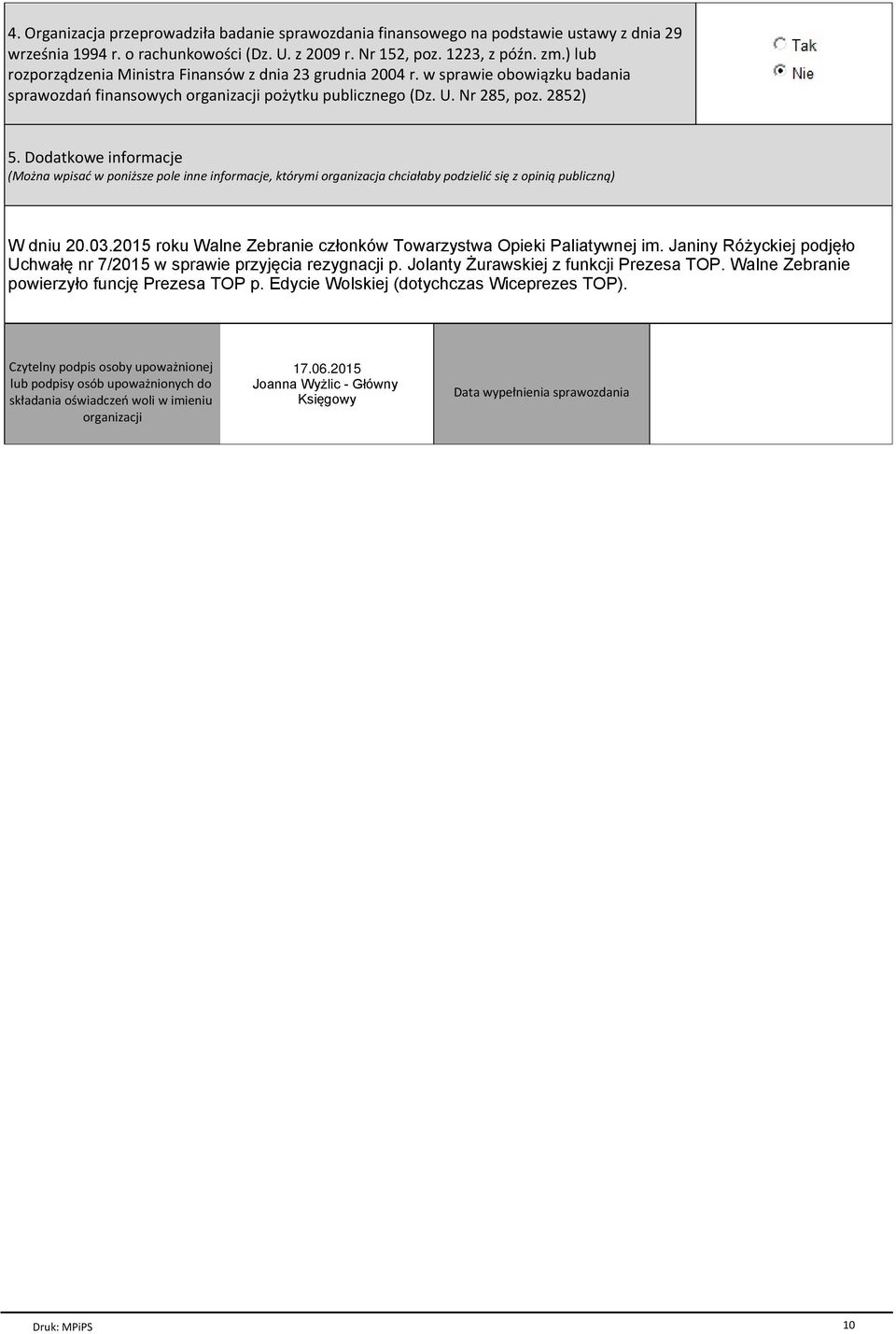Dodatkowe informacje (Można wpisać w poniższe pole inne informacje, którymi organizacja chciałaby podzielić się z opinią publiczną) W dniu 20.03.