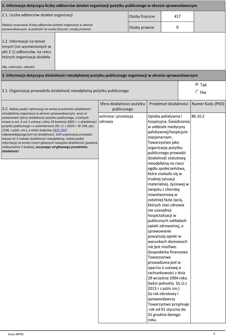 2. Informacje na temat innych (niż wymienionych w pkt 2.1) odbiorców, na rzecz których organizacja działała (Np. zwierzęta, zabytki) 3.