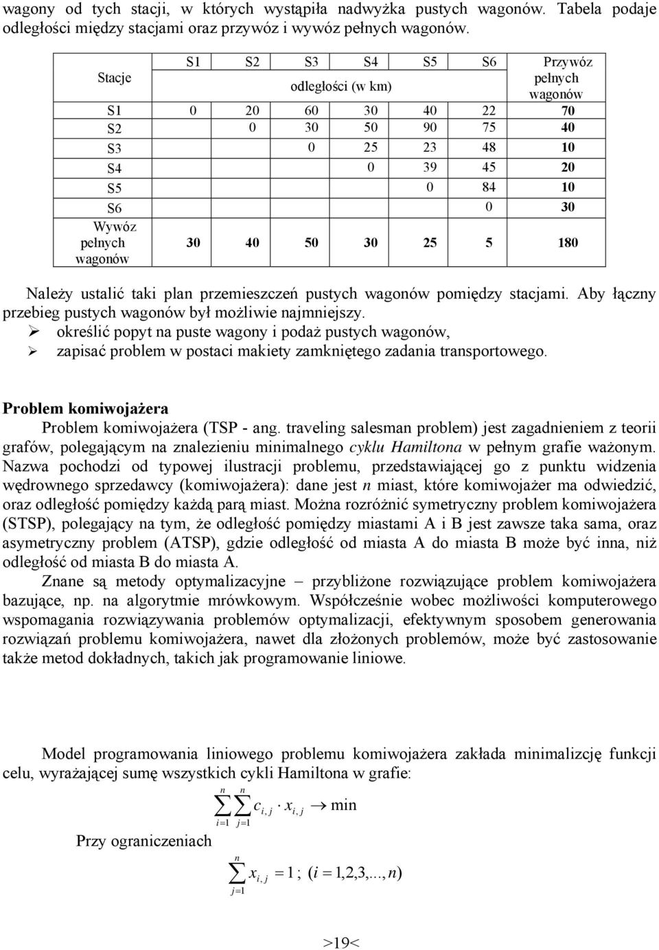 Należy ustalić taki pla przemieszczeń pustych wagoów pomiędzy stacjami. Aby łączy przebieg pustych wagoów był możliwie ajmiejszy.