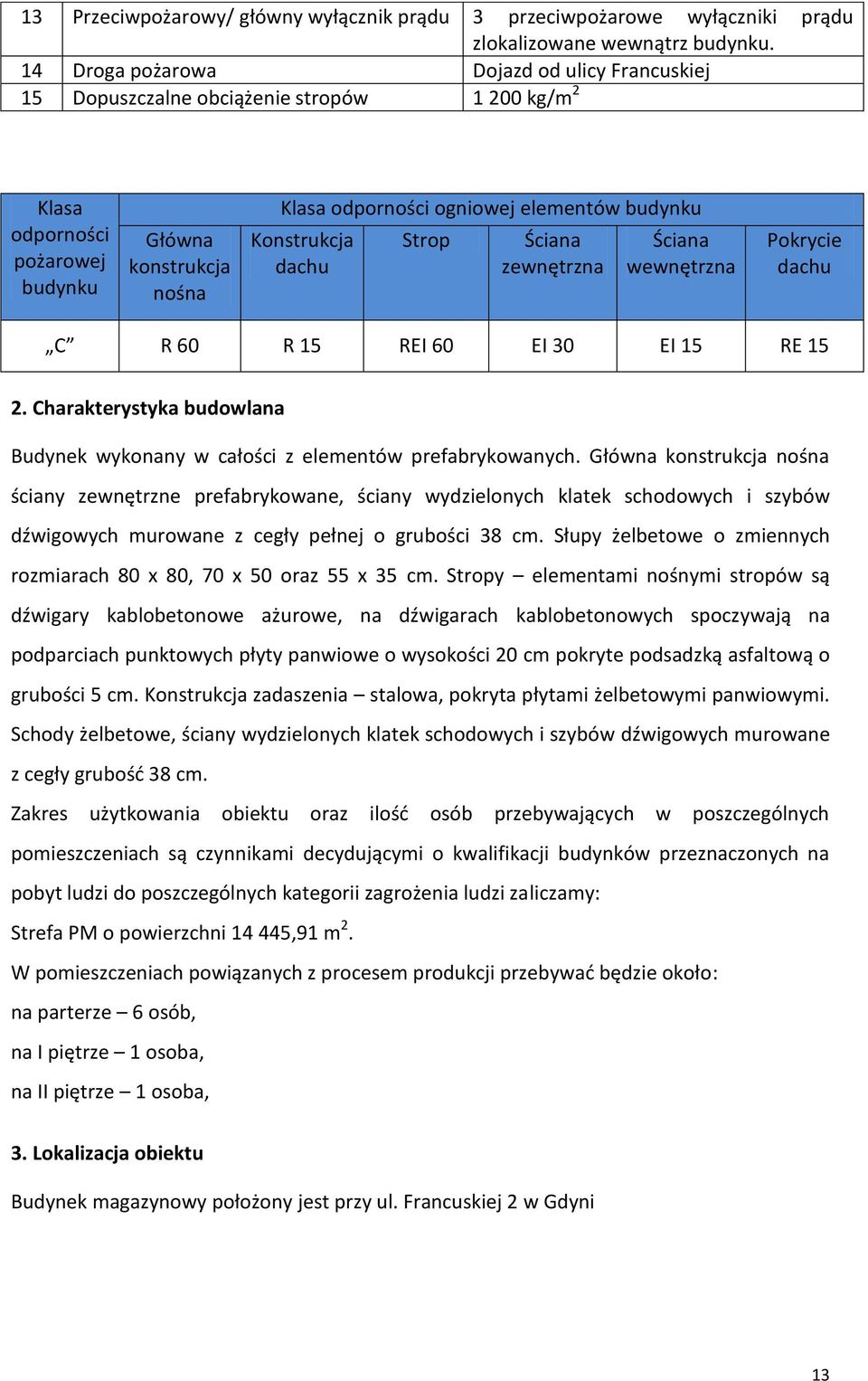 Konstrukcja dachu Strop Ściana zewnętrzna Ściana wewnętrzna Pokrycie dachu C R 60 R 15 REI 60 EI 30 EI 15 RE 15 2. Charakterystyka budowlana Budynek wykonany w całości z elementów prefabrykowanych.