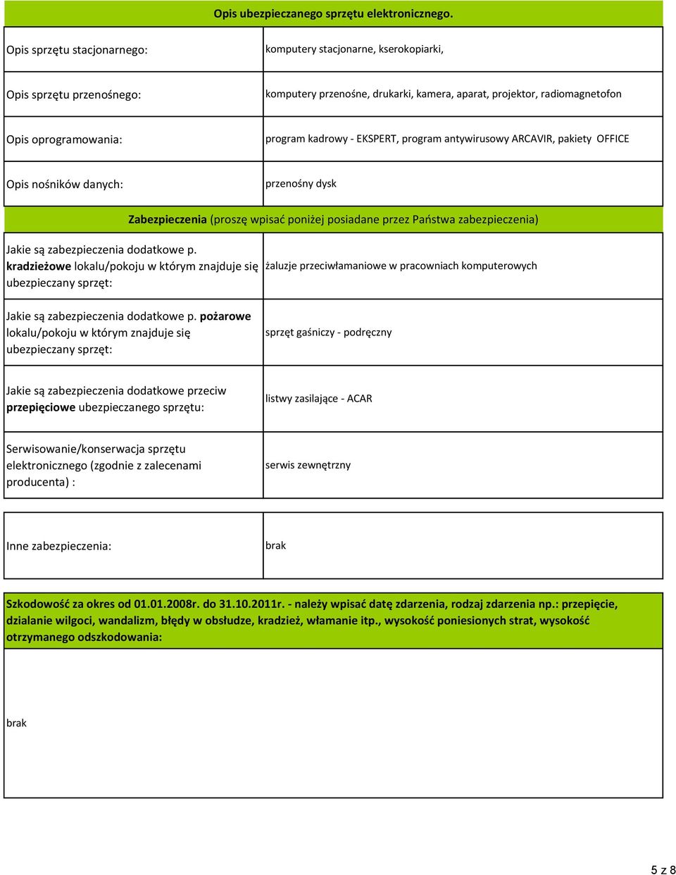 kadrowy - EKSPERT, program antywirusowy ARCAVIR, pakiety OFFICE Opis nośników danych: przenośny dysk Zabezpieczenia (proszę wpisać poniżej posiadane przez Państwa zabezpieczenia) Jakie są