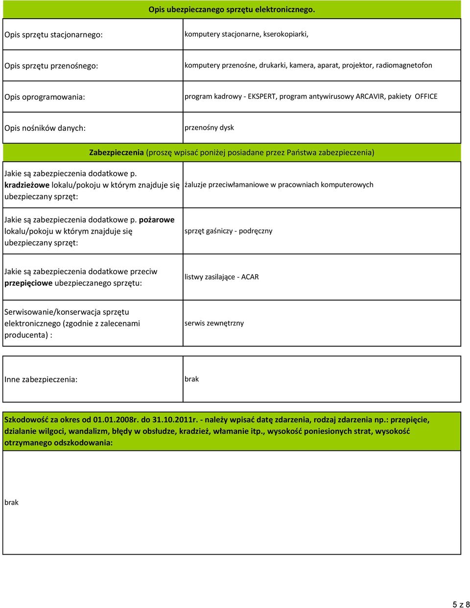 kadrowy - EKSPERT, program antywirusowy ARCAVIR, pakiety OFFICE Opis nośników danych: przenośny dysk Zabezpieczenia (proszę wpisać poniżej posiadane przez Państwa zabezpieczenia) Jakie są