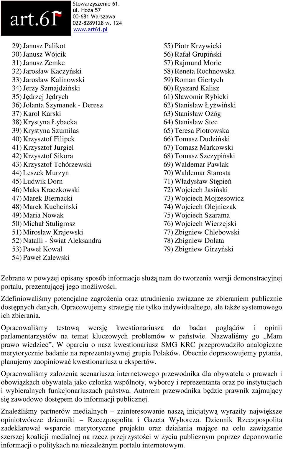 Biernacki 48) Marek Kuchciński 49) Maria Nowak 50) Michał Stuligrosz 51) Mirosław Krajewski 52) Natalli - Świat Aleksandra 53) Paweł Kowal 54) Paweł Zalewski 55) Piotr Krzywicki 56) Rafał Grupiński