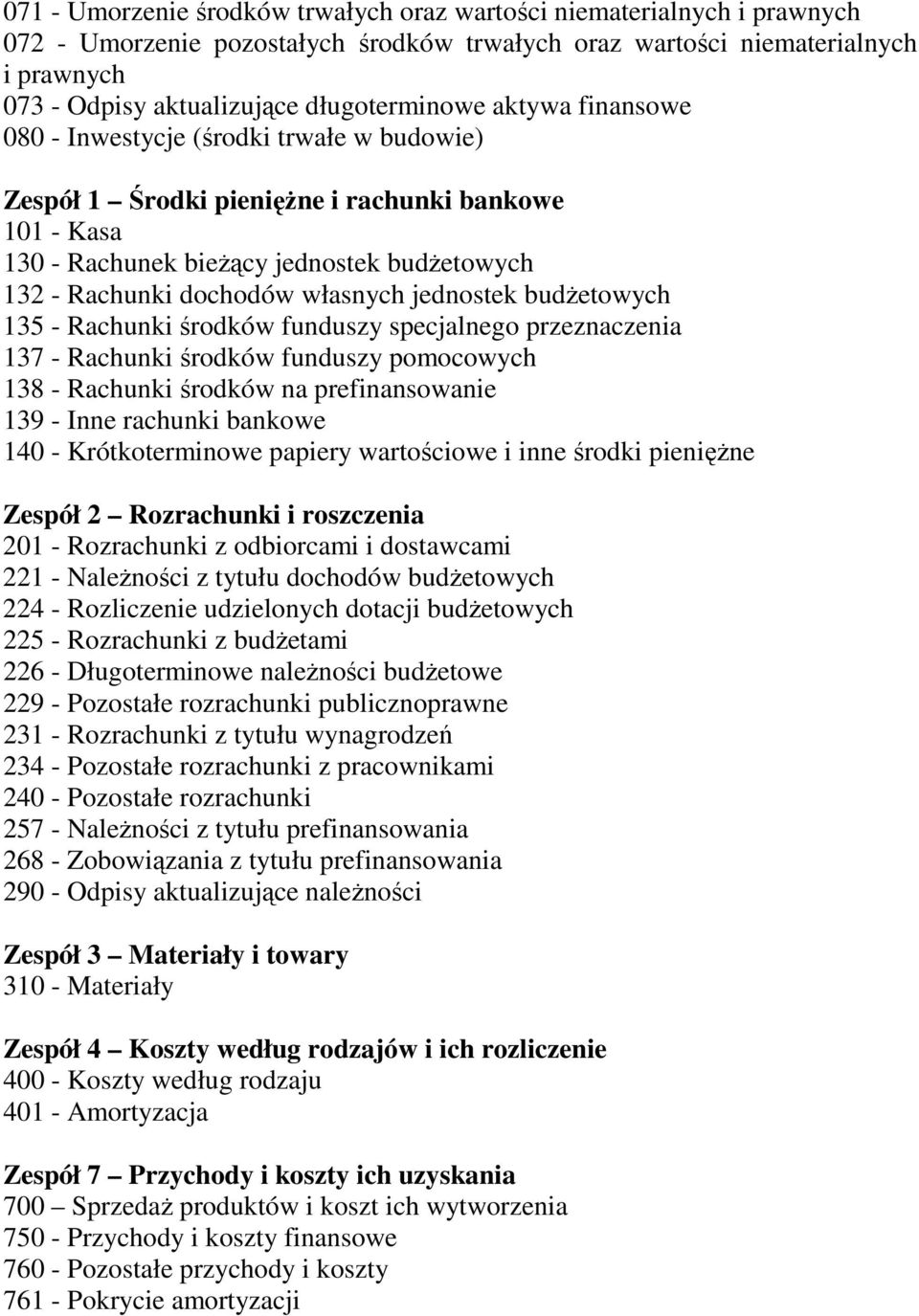 własnych jednostek budŝetowych 135 - Rachunki środków funduszy specjalnego przeznaczenia 137 - Rachunki środków funduszy pomocowych 138 - Rachunki środków na prefinansowanie 139 - Inne rachunki