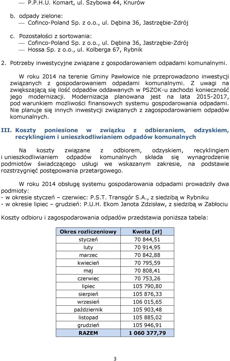 W roku 2014 na terenie Gminy Pawłowice nie przeprowadzono inwestycji związanych z gospodarowaniem odpadami komunalnymi.