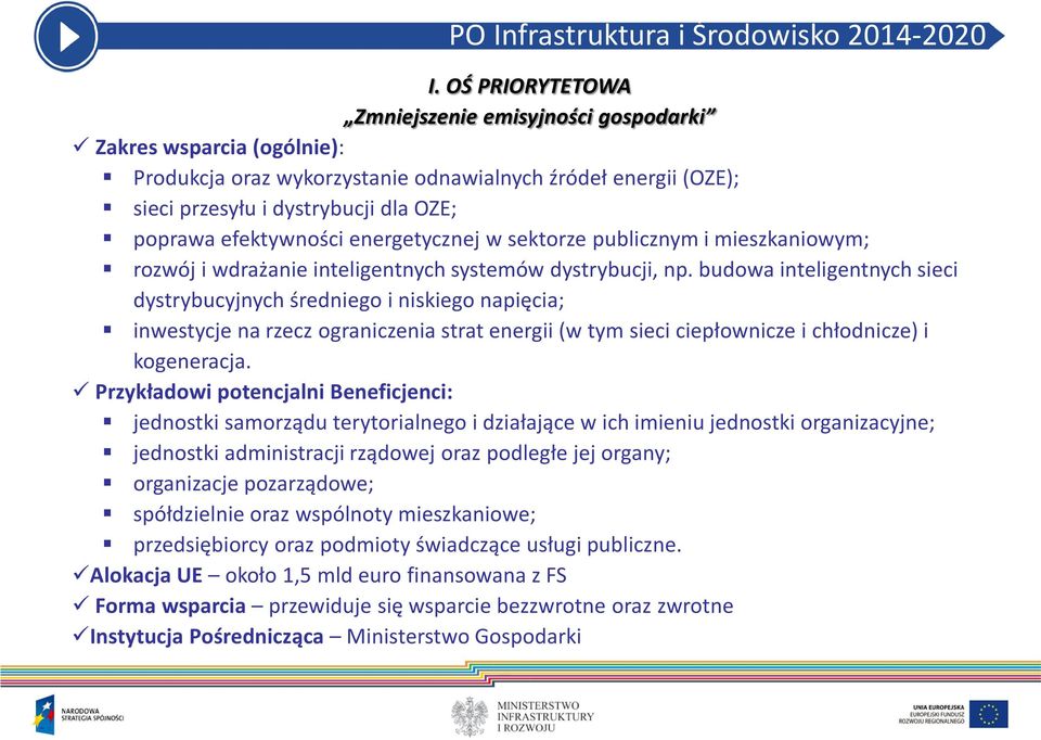 efektywności energetycznej w sektorze publicznym i mieszkaniowym; rozwój i wdrażanie inteligentnych systemów dystrybucji, np.