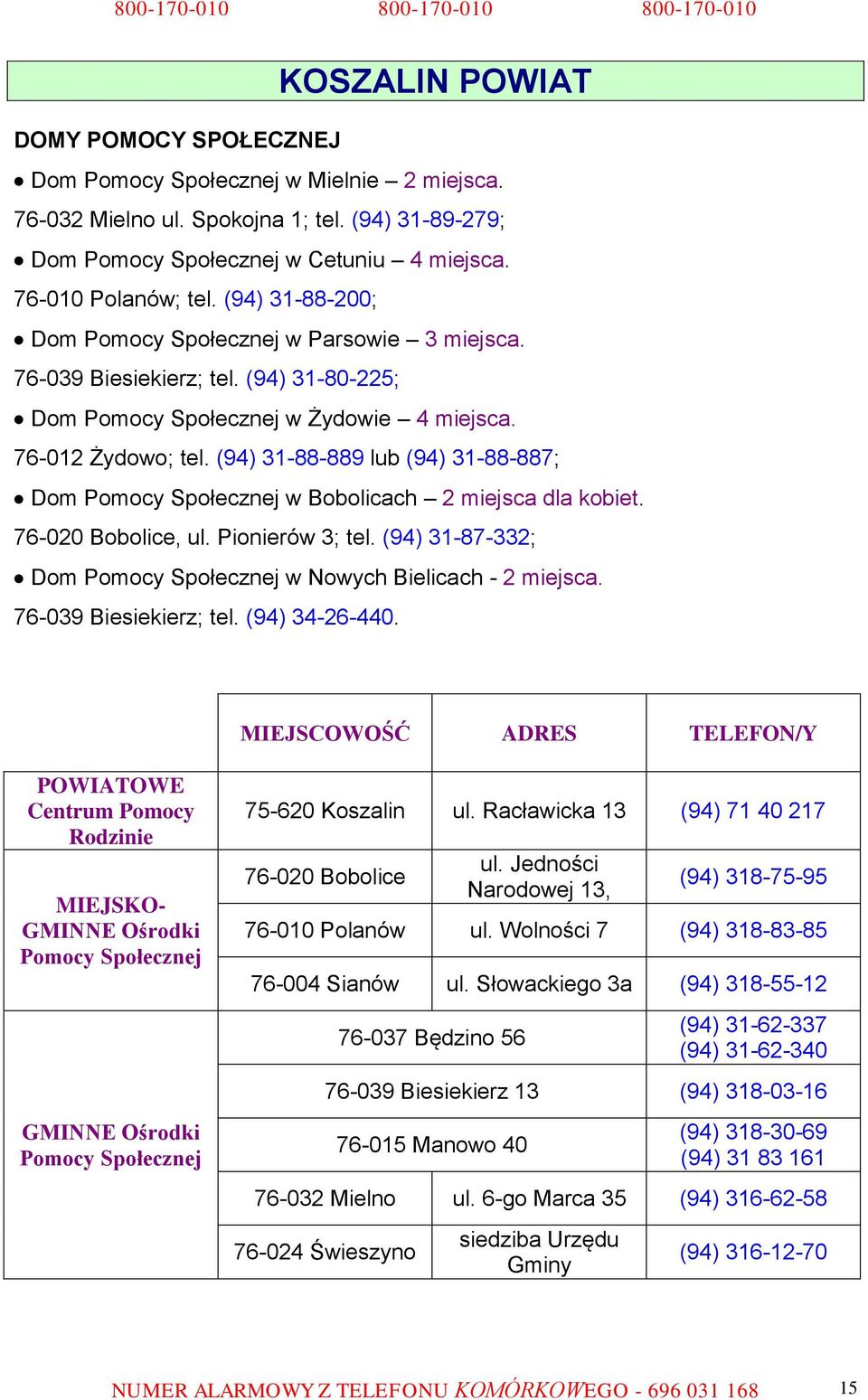 (94) 31-88-889 lub (94) 31-88-887; Dom w Bobolicach 2 miejsca dla kobiet. 76-020 Bobolice, ul. Pionierów 3; tel. (94) 31-87-332; Dom w Nowych Bielicach - 2 miejsca. 76-039 Biesiekierz; tel.