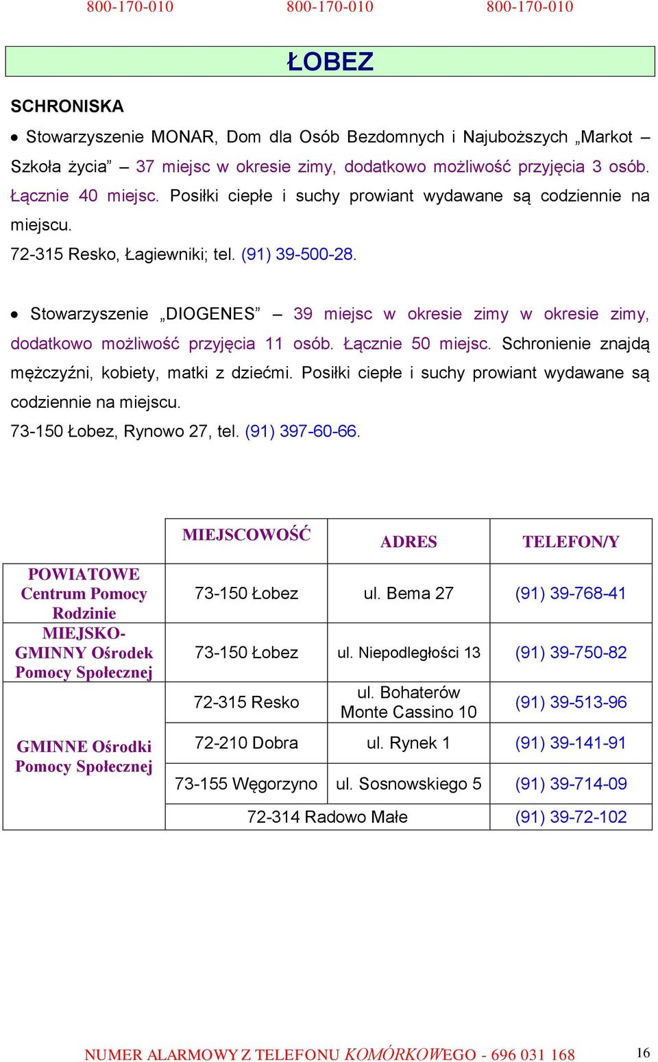 Stowarzyszenie DIOGENES 39 miejsc w okresie zimy w okresie zimy, dodatkowo możliwość przyjęcia 11 osób. Łącznie 50 miejsc. Schronienie znajdą mężczyźni, kobiety, matki z dziećmi.