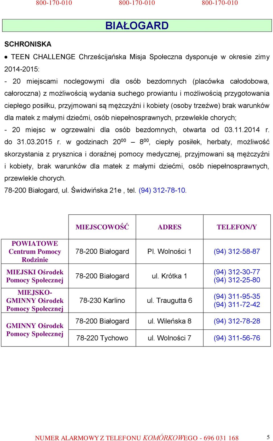 chorych; - 20 miejsc w ogrzewalni dla osób bezdomnych, otwarta od 03.11.2014 r. do 31.03.2015 r.