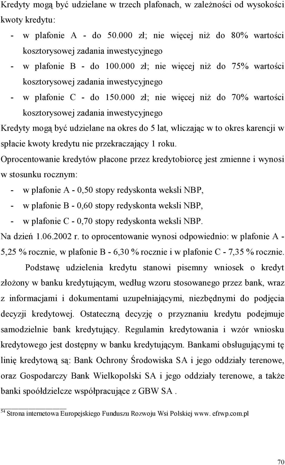 000 zł; nie więcej niż do 70% wartości kosztorysowej zadania inwestycyjnego Kredyty mogą być udzielane na okres do 5 lat, wliczając w to okres karencji w spłacie kwoty kredytu nie przekraczający 1