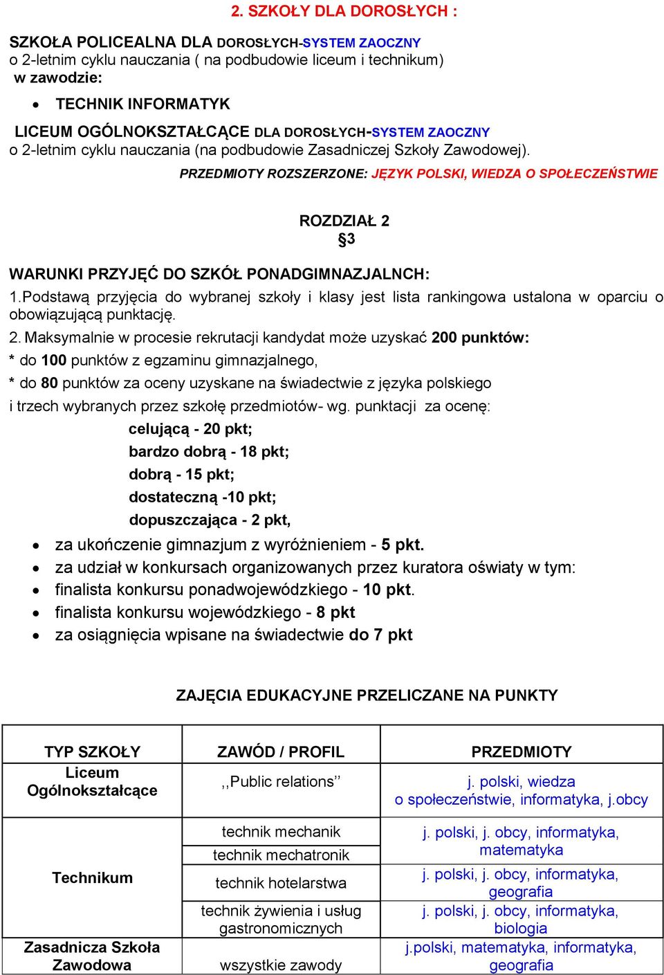 Podstawą przyjęcia do wybranej szkoły i klasy jest lista rankingowa ustalona w oparciu o obowiązującą punktację. 2.