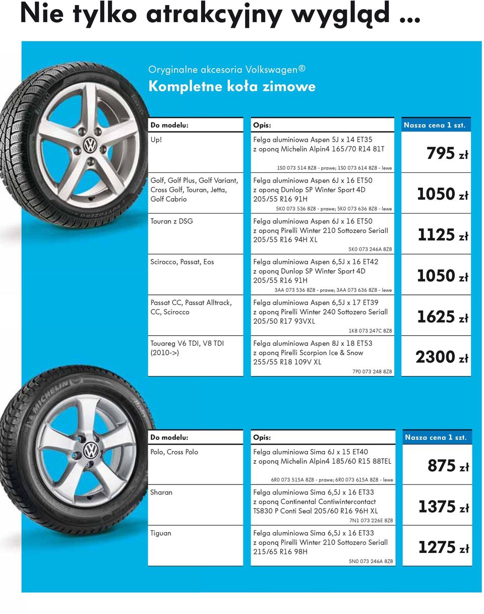 Aspen 5J x 14 ET35 z oponą Michelin Alpin4 165/70 R14 81T 1S0 073 514 8Z8 - prawe; 1S0 073 614 8Z8 - lewe Felga aluminiowa Aspen 6J x 16 ET50 z oponą Dunlop SP Winter Sport 4D 205/55 R16 91H 5K0 073