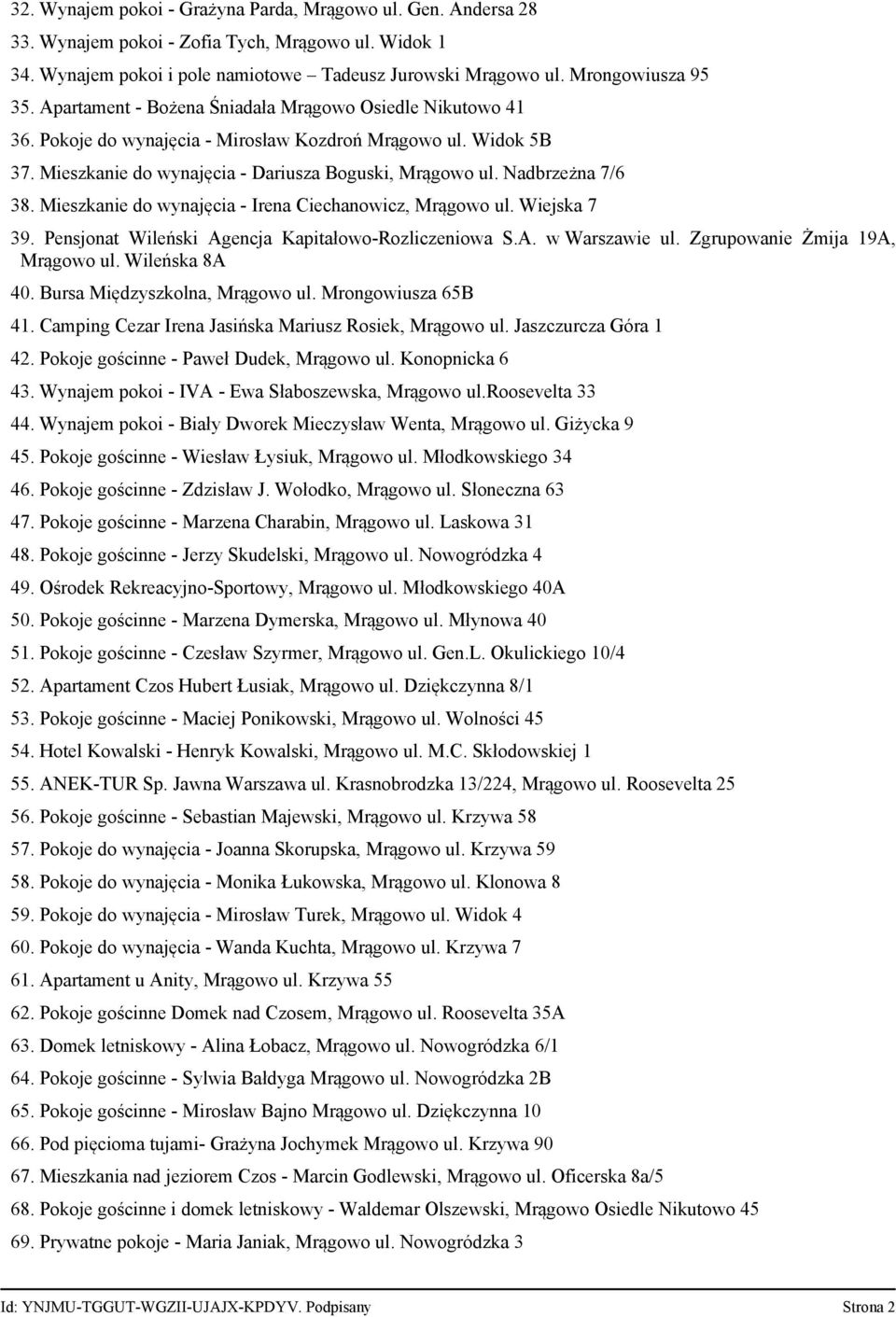 Mieszkanie do wynajęcia - Irena Ciechanowicz, Mrągowo ul. Wiejska 7 39. Pensjonat Wileński Agencja Kapitałowo-Rozliczeniowa S.A. w Warszawie ul. Zgrupowanie Żmija 19A, Mrągowo ul. Wileńska 8A 40.