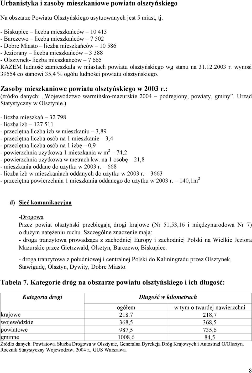 ludność zamieszkała w miastach powiatu olsztyńskiego wg stanu na 31.12.2003 r. wynosi 39554 co stanowi 35,4 % ogółu ludności powiatu olsztyńskiego. Zasoby mieszkaniowe powiatu olsztyńskiego w 2003 r.