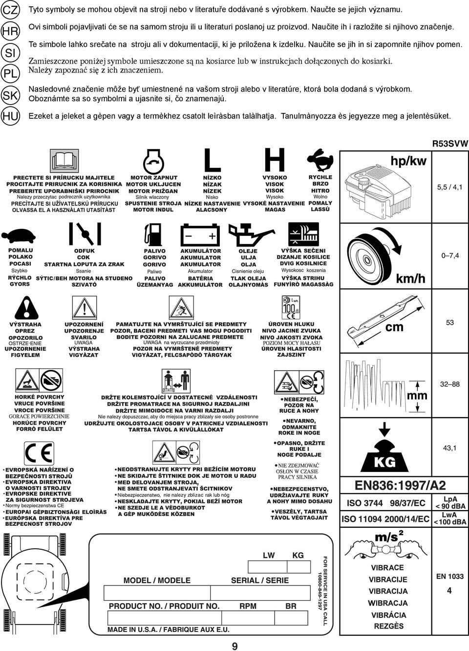Zamieszczone poni ej symbole umieszczone s¹ na kosiarce lub w instrukcjach do³¹czonych do kosiarki. Nale y zapoznaæ siê z ich znaczeniem.
